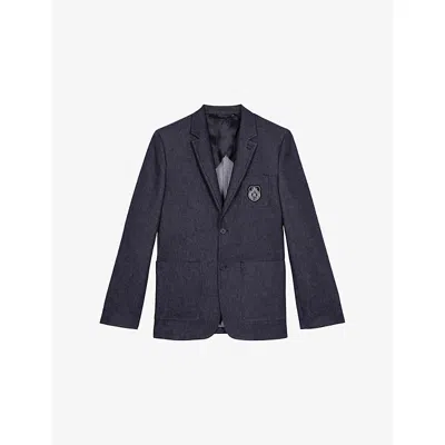 The Kooples Mens Navy Brand-appliqué Regular-fit Stretch-denim Blazer