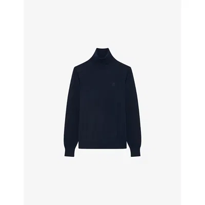 The Kooples Mens Navy Logo-embroidered Regular-fit Wool Jumper Xl In Blue