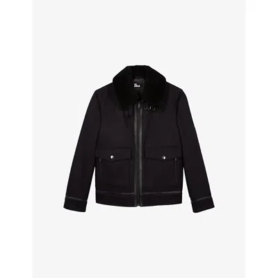 The Kooples Mens Navy Short Contrast-collar Suede Jacket In Black