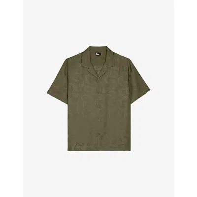 The Kooples Mens Short-sleeve Feather Jacquard-pattern Woven Shirt Olive Kaki Xl