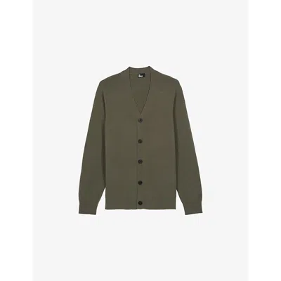 The Kooples Mens V-neck Long-sleeve Cashmere-blend Cardigan Olive Kaki