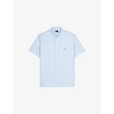 The Kooples Mens  Brand-embroidered Short-sleeved Cotton Shirt In Sky