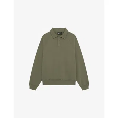 The Kooples Mens Kaki Brand-embroidered Polo-collar Cotton Sweatshirt Xl In Green