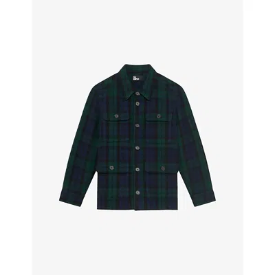 The Kooples Mens Green / Black Checked Flap-pocket Wool-blend Overshirt In Multi