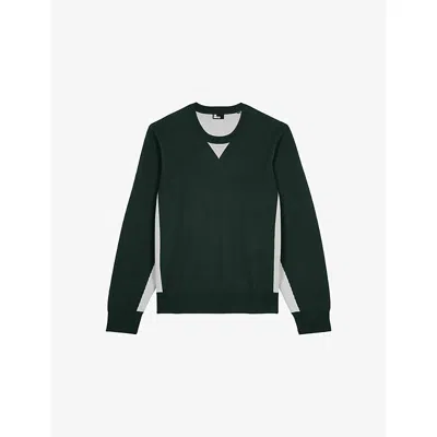 The Kooples Mens Grey / Green Colour-block Long-sleeved Wool-blend Jumper