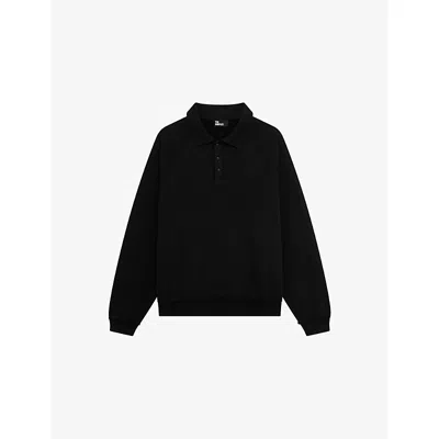 The Kooples Mens Black Washed Crest-embroidered Polo-collar Cotton Sweatshirt