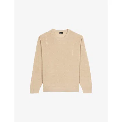 The Kooples Mens Ecru Crewneck Regular-fit Linen And Wool-blend Jumper Xl In Sand