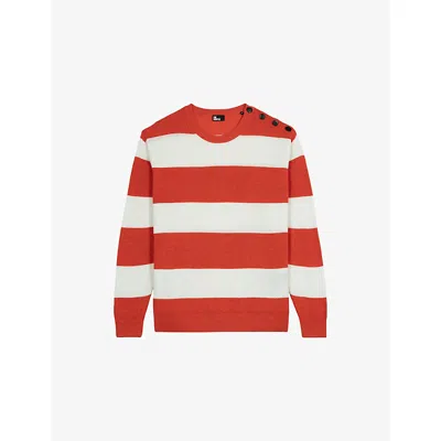 The Kooples Mens Orange Ecru Crewneck Regular-fit Striped Wool And Linen-blend Jumper