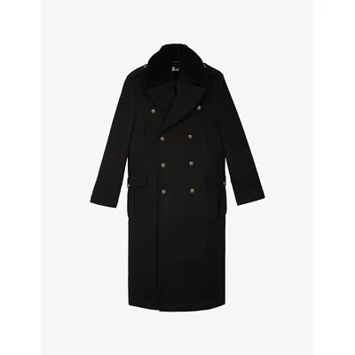 The Kooples Mens Black Double-breasted Long Wool-blend Coat