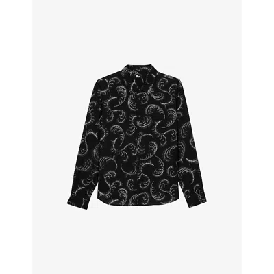 THE KOOPLES MENS BLACK WHITE FEATHER-PATTERN STRAIGHT-CUT WOVEN SHIRT