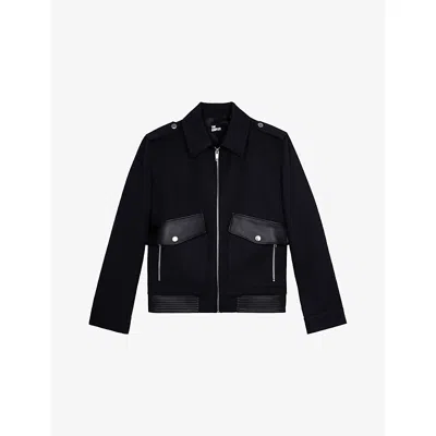 The Kooples Mens Navy Flap-pocket Leather-trim Wool-blend Jacket