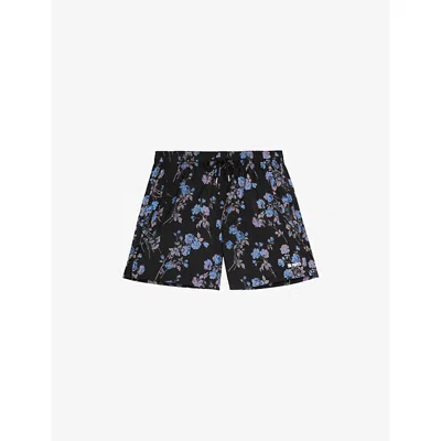 The Kooples Mens Black Blue Floral-print Elasticated-waist Swim Shorts In Multi