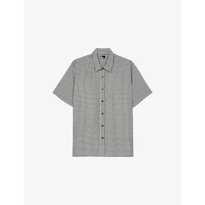 The Kooples Mens Grid-print Relaxed-fit Short-sleeve Woven Shirt Black White