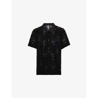 The Kooples Mens Lace-effect Short-sleeve Woven Polo Shirt Black