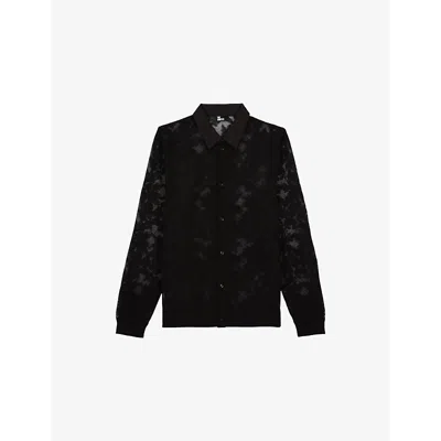 The Kooples Mens Lace-embroidered Regular-fit Long-sleeve Cotton-blend Shirt Black