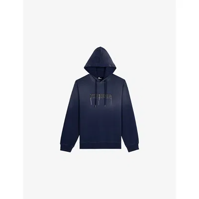 The Kooples Mens Dark Navy Logo-print Relaxed-fit Cotton Hooded Sweatshirt In Blue