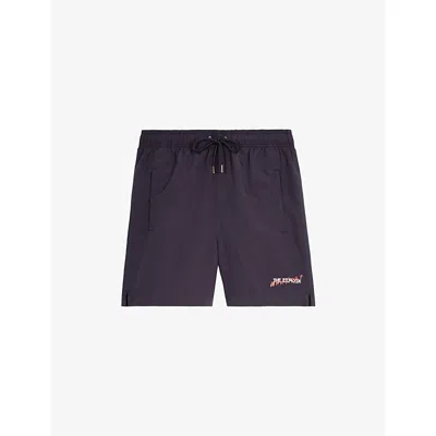 The Kooples Mens Dark Navy Logo-print Tie-waist Woven Swim Shorts In Blue