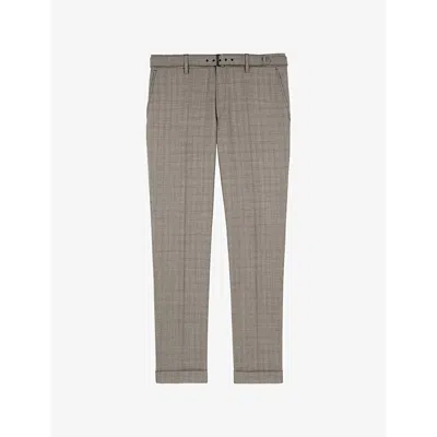 The Kooples Mens Prince Of Wales Print Slim-leg Wool Suit Trousers Beige Melange