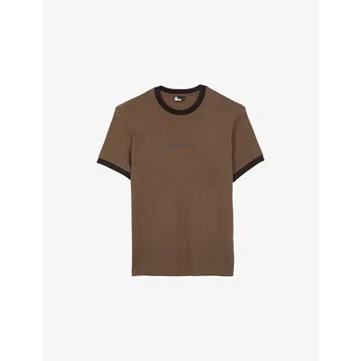 The Kooples Mens Screen-print Contrast-trim Short-sleeve Cotton-jersey T-shirt Dark Brown