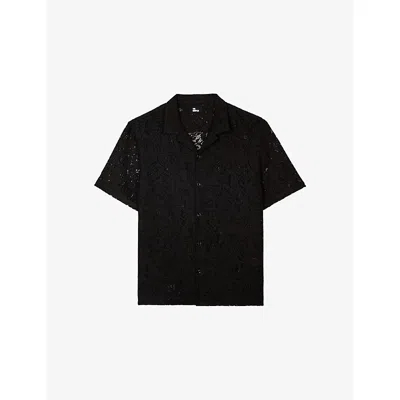 The Kooples Mens Black Short-sleeved Notch-collar Lace Shirt Xl In Blue