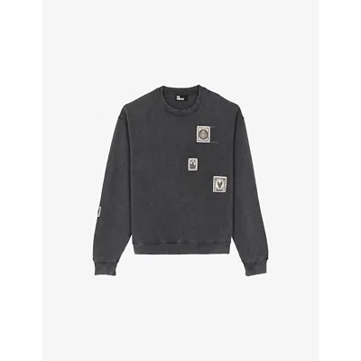 The Kooples Mens Stamp-embroidered Round-neck Relaxed-fit Cotton Sweatshirt Black Washed