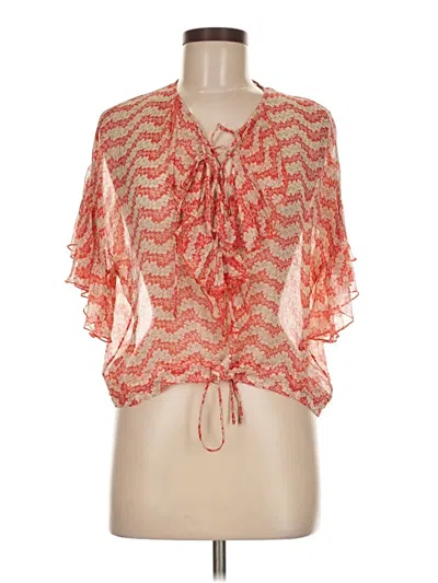 Pre-owned The Kooples Short Sleeve Silk Top Red Plunge Neckline Tops