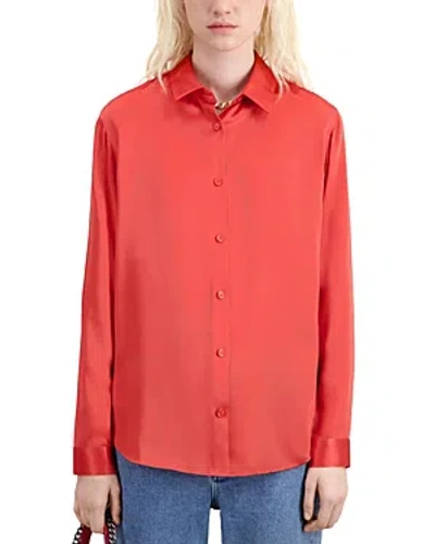 The Kooples Womens Red Brique Classic-collar Relaxed-fit Silk Shirt