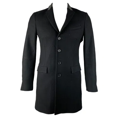 Pre-owned The Kooples Size 44 Black Wool Blend Leather Trim Peak Lapel Coat