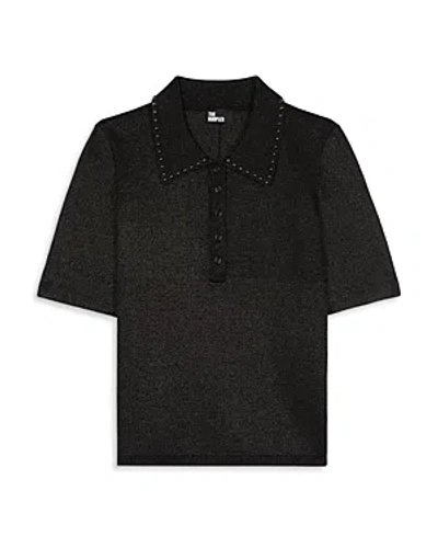 The Kooples Womens Navy Stud-embellished Stretch-knit Polo Top In Black