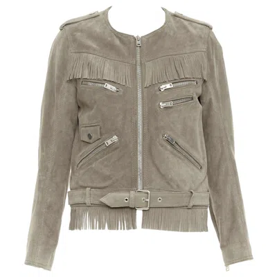 Pre-owned The Kooples Taupe Cow Suede Leather Western Fringe Belted Biker Jacket M In Brown