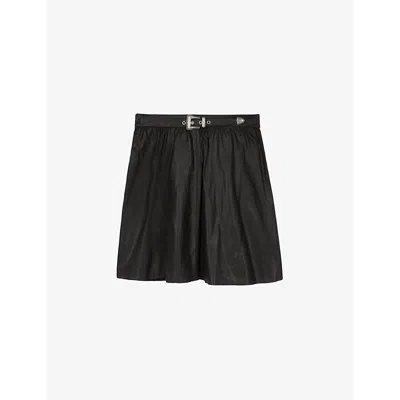 The Kooples Womens Black Belted-waist High-rise Leather Mini Skirt