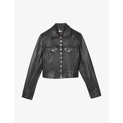 The Kooples Womens Black Branded-hardware Cropped Leather Jacket