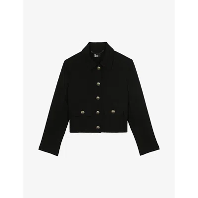 The Kooples Womens Black Flap-pocket Tweed-textured Stretch-wool Jacket