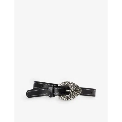 The Kooples Womens Black Flower-engraved Leather Belt