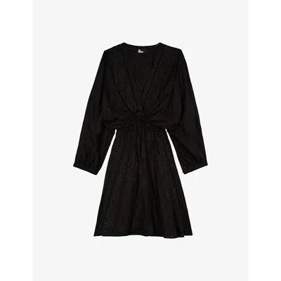 The Kooples Womens Black Jacquard-print Elasticated-waist Silk Mini Dress