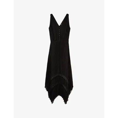 The Kooples Womens Black Lace-embroidered V-neck Pleated Woven Midi Dress