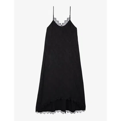 The Kooples Womens Black Lace-trim Relaxed-fit Woven Midi Dress