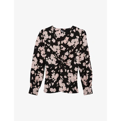 The Kooples Floral-print Gathered-front Woven Top In Black / Pink