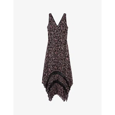 The Kooples Paisley-print Lace-embroidered Woven Midi Dress In Black / Pink