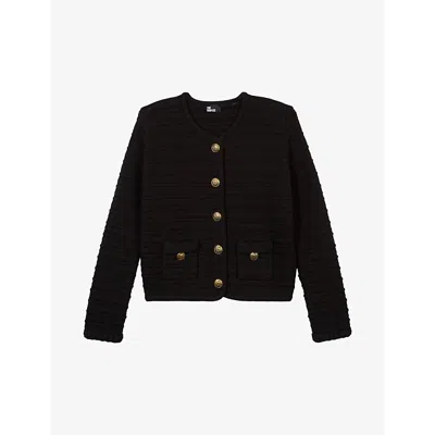 The Kooples Womens Black Round-neck Long-sleeve Ribbed Knitted Cardigan
