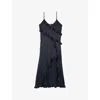 The Kooples Ruffled Asymmetric Woven Midi Dress In Black
