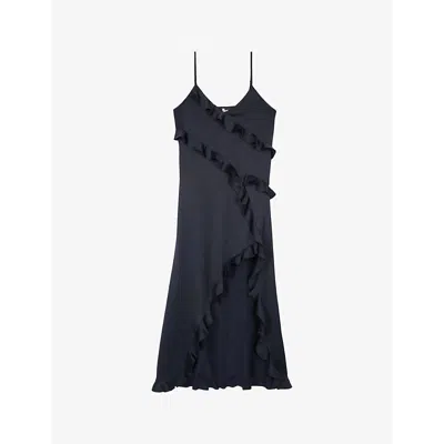 The Kooples Ruffled Asymmetric Woven Midi Dress In Black