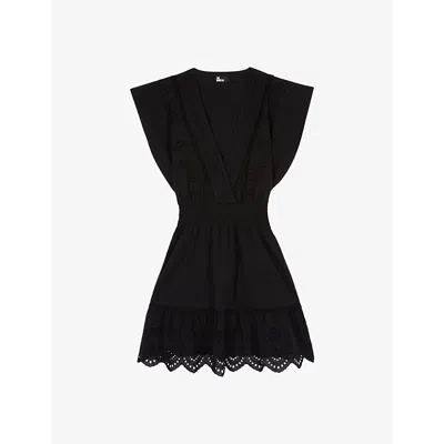 The Kooples Womens Black V-neck Smocked-waist Cotton Mini Dress