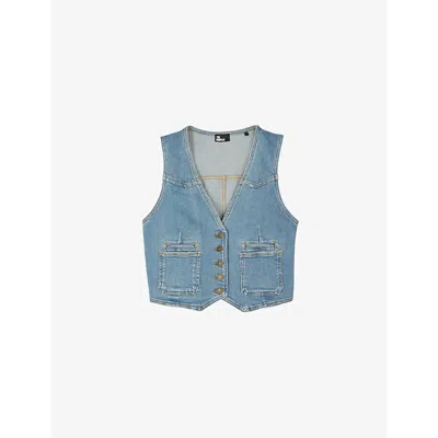 The Kooples Womens Blue V-neck Cropped Stretch-denim Waistcoat