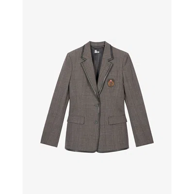 The Kooples Prince Of Wales-check Leather-piping Wool Jacket In Brown