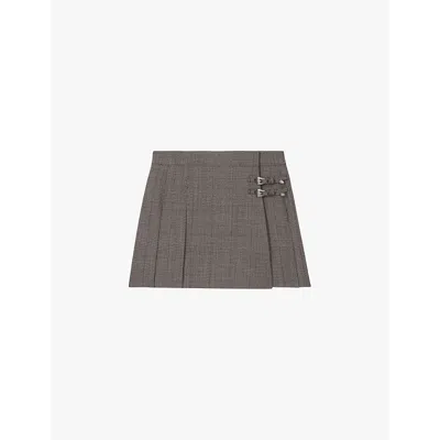 The Kooples Prince Of Wales-check Pleated Wool Mini Skirt In Brown