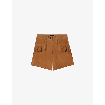 The Kooples Womens Camel Fringe High-rise Goatskin-leather Shorts