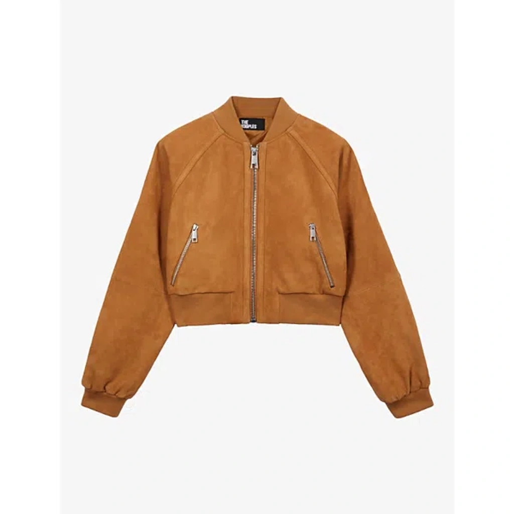 The Kooples Womens Camel Stand-collar Cropped Suede Bomber
