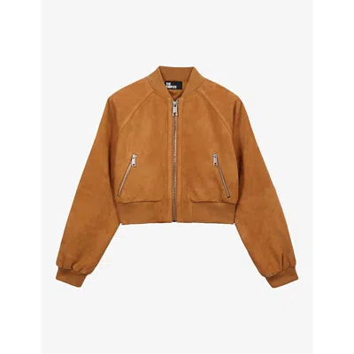 The Kooples Womens Camel Stand-collar Cropped Suede Bomber Jacket