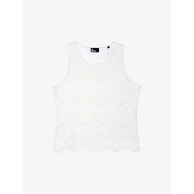 The Kooples Womens Ecru Round-neck Scalloped-hem Stretch-lace Top